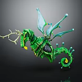 Fantastical Green Seahorse Creature With Antlers Blue Wings And Coiled Tail