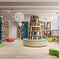 Book Art Children's Library Interior With Circular Bookshelf Colorful Cushions Wooden Shelves And Spherical Lights