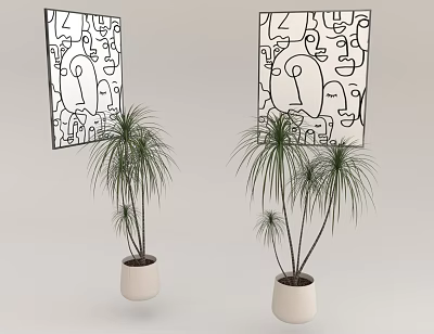 Potted Bonsai Plants in White Pots with Abstract Face Paintings Background 3d model