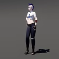 Woman With Blue Spiky Hair Wearing White Short Sleeve Top Blue Crop Top Black Pants