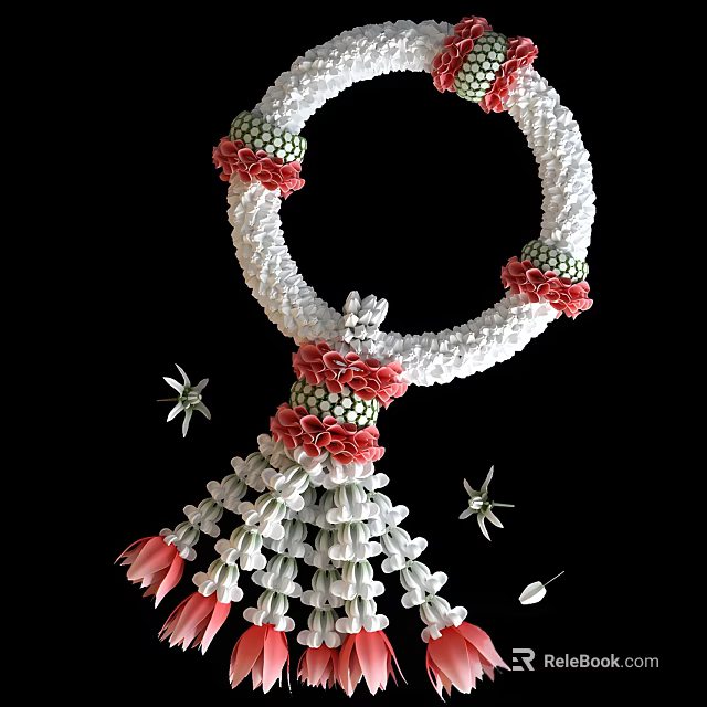 Decorative Ornament Set with White Pink Floral Wreath Hanging Tassels and Small Insect Accents 3d model 