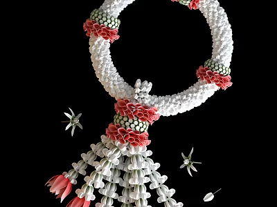 Decorative Ornament Set with White Pink Floral Wreath Hanging Tassels and Small Insect Accents 3d model