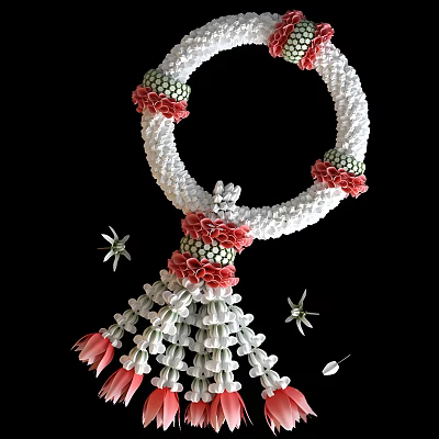 Decorative Ornament Set with White Pink Floral Wreath Hanging Tassels and Small Insect Accents 3d model