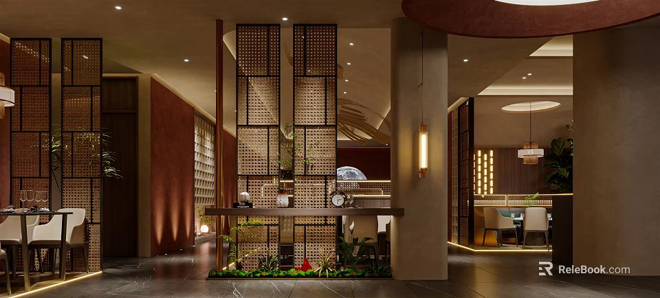 Elegant Modern Restaurant Interior With Wooden Screen Pendant Lights And Green Plants 3d model 