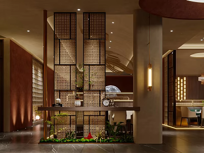Elegant Modern Restaurant Interior With Wooden Screen Pendant Lights And Green Plants 3d model