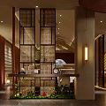 Elegant Modern Restaurant Interior With Wooden Screen Pendant Lights And Green Plants