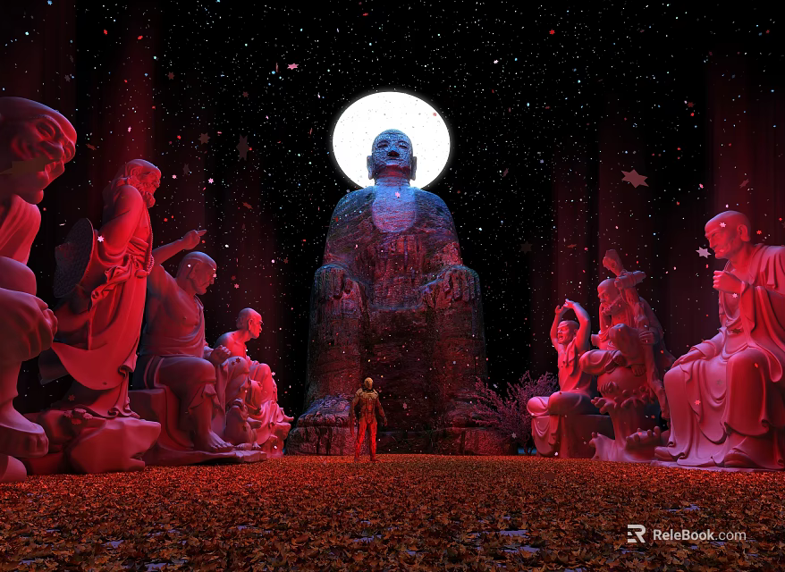 Large Buddha Sculpture With Surrounding Carvings Full Moon Starry Sky Red Lighting And Small Figure 3d model 