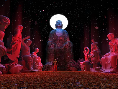 Large Buddha Sculpture With Surrounding Carvings Full Moon Starry Sky Red Lighting And Small Figure 3d model