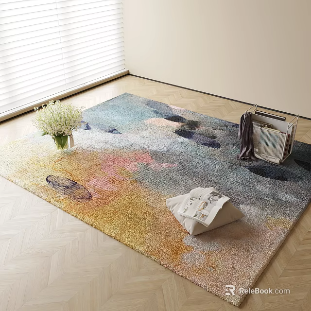 Square Rug with Colorful Abstract Patterns on Wooden Floor Vase White Bouquet Folded Fabric 3d model 