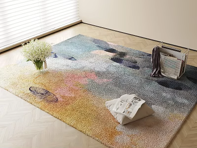 Square Rug with Colorful Abstract Patterns on Wooden Floor Vase White Bouquet Folded Fabric 3d model