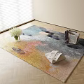 Square Rug with Colorful Abstract Patterns on Wooden Floor Vase White Bouquet Folded Fabric