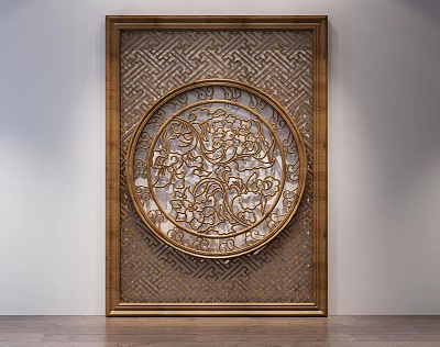 Traditional Chinese Style Decorative Room Divider With Intricate Carved Circular Pattern And Golden Frame 3d model