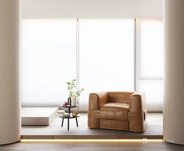 Brown Leather Single Sofa in Interior with Side Table Plant and Large Window White Curtains 3d model