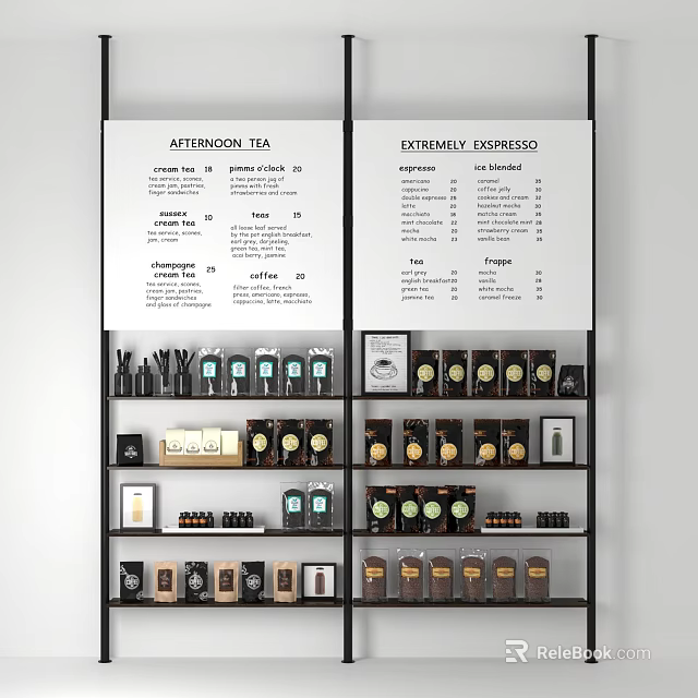 Retail Display Shelves With Artisanal Tea And Extreme Espresso Product Arrangement 3d model 