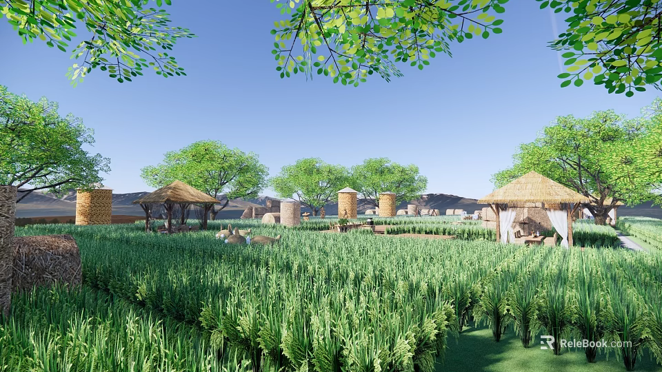 Garden Landscape With Green Fields Thatched Pavilions Trees And Blue Sky 3d model 