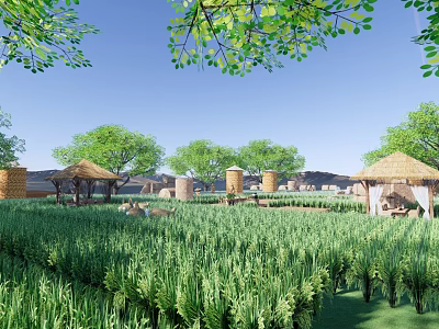 Garden Landscape With Green Fields Thatched Pavilions Trees And Blue Sky 3d model