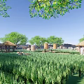 Garden Landscape With Green Fields Thatched Pavilions Trees And Blue Sky