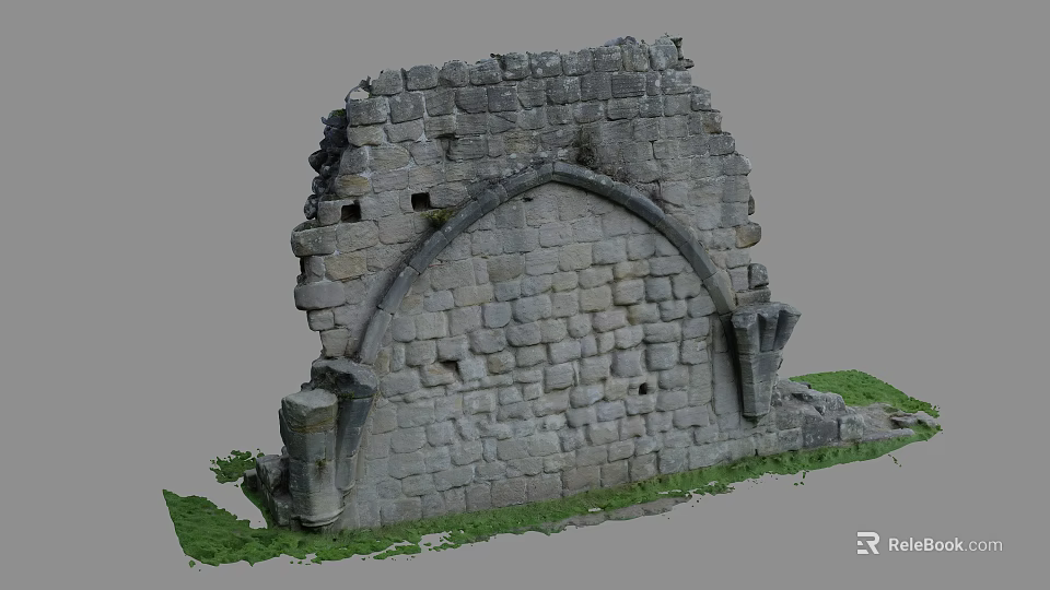 Ancient Stone Building Exterior Wall With Arched Structure Stone Blocks And Grass 3d model 