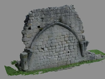 Ancient Stone Building Exterior Wall With Arched Structure Stone Blocks And Grass 3d model