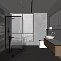 Modern Bathroom Interior Design With Bathtub Shower Blinds Gray Walls And Wooden Vanity