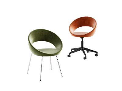 Stylish Office Chairs with Green Orange Velvet Curved Back Metal Legs and Swivel Wheels 3d model