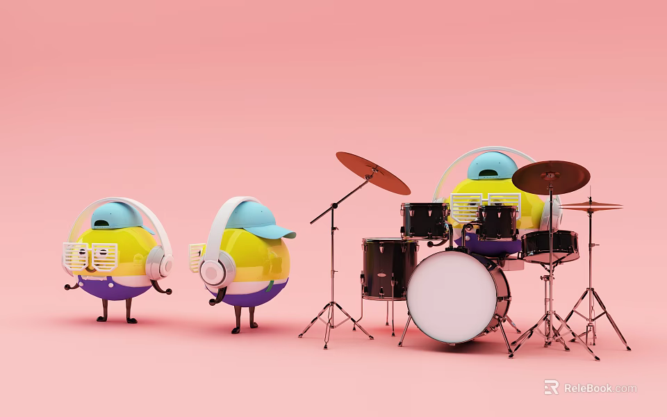 Yellow Cartoon Characters With Headphones And Hat Playing Drum Set On Pink Background 3d model 