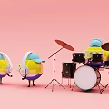 Yellow Cartoon Characters With Headphones And Hat Playing Drum Set On Pink Background