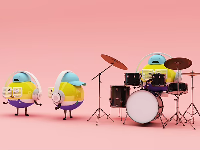 Yellow Cartoon Characters With Headphones And Hat Playing Drum Set On Pink Background 3d model