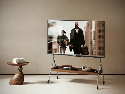 Modern Television On Wooden Rolling Stand With Side Table And Books 3d model