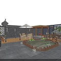 Garden Landscape Night Sky With Moon Stars Brick Wall Lotus Pool Wooden Deck Tables Umbrella