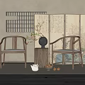 Chinese Style Wooden Leisure Chairs in Elegant Setting With Calligraphy Paintings Screen and Tea Set