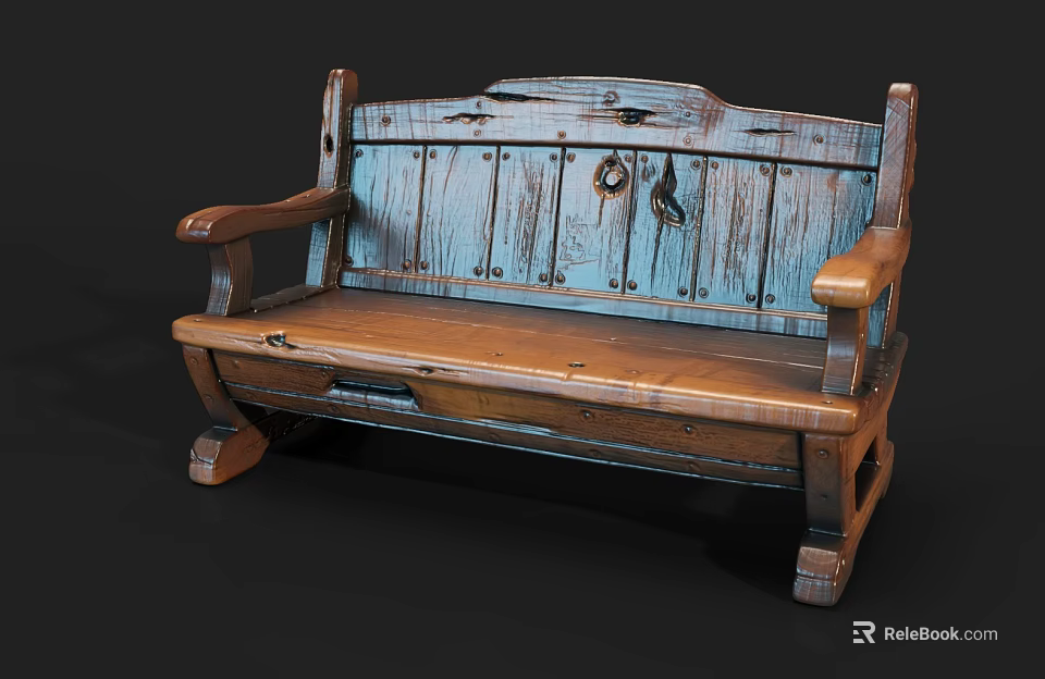 Vintage Wooden Two Seater Sofa With Blue Backrest And Decorative Wooden Armrests 3d model 
