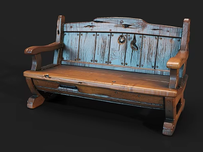 Vintage Wooden Two Seater Sofa With Blue Backrest And Decorative Wooden Armrests 3d model