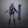 Fantasy Female Character In Blue Purple Armor With Horns Long Hair And Large Blue Sword