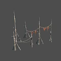 Handcrafted Rustic Wooden Furniture With Sticks Rope And Orange Cloth Strips For Outdoor Decor
