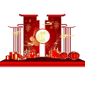 Red Chinese New Year Decorative Scene With Full Moon Lanterns And Gift Boxes