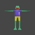 3D Game Character Frog With Green Body Purple Shirt Yellow Shorts And Arms Outstretched