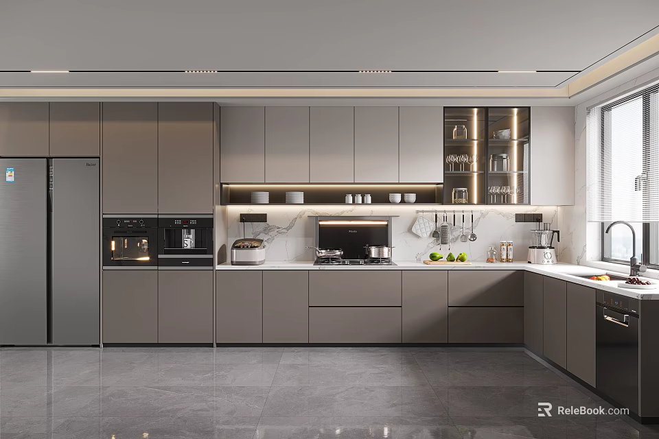 Modern Kitchen Interior Design with Grey Cabinets Built-in Appliances and Island Countertop 3d model 