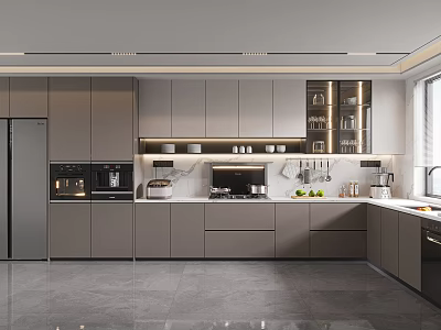 Modern Kitchen Interior Design with Grey Cabinets Built-in Appliances and Island Countertop 3d model