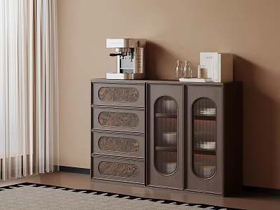 Vintage Dark Wooden Sideboard With Arched Glass Doors And Practical Storage Drawers For Home Dining 3d model