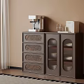 Vintage Dark Wooden Sideboard With Arched Glass Doors And Practical Storage Drawers For Home Dining