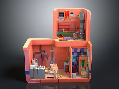 Cartoon Scene 3D Room Model With Two Floors Pink Walls Sofa Table Kitchen Bathroom Items 3d model