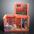 Cartoon Scene 3D Room Model With Two Floors Pink Walls Sofa Table Kitchen Bathroom Items
