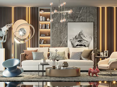 Modern Living Room Interior With Sofa Coffee Table Set Art Painting Throw Pillows And Chandelier 3d model