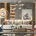 Modern Living Room Interior With Sofa Coffee Table Set Art Painting Throw Pillows And Chandelier