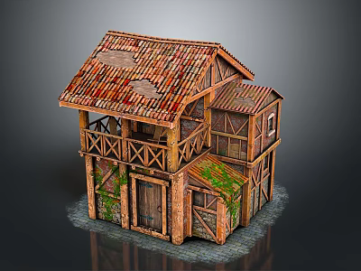 Two Story Wooden House With Red Tiled Roof Balcony And Vines On Walls 3d model