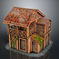 Two Story Wooden House With Red Tiled Roof Balcony And Vines On Walls
