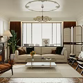 Warm Living Room Interior With Fireplace Chandelier Sofa Coffee Table And Green Plants