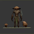 Nature Inspired Wooden Character With Conical Hat Green Cloth Sash And Small Mushrooms
