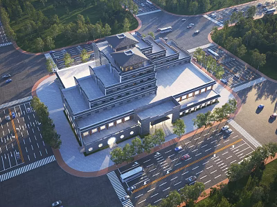 Aerial Planning of Modern Building Complex With Surrounding Roads Parking and Green Spaces 3d model